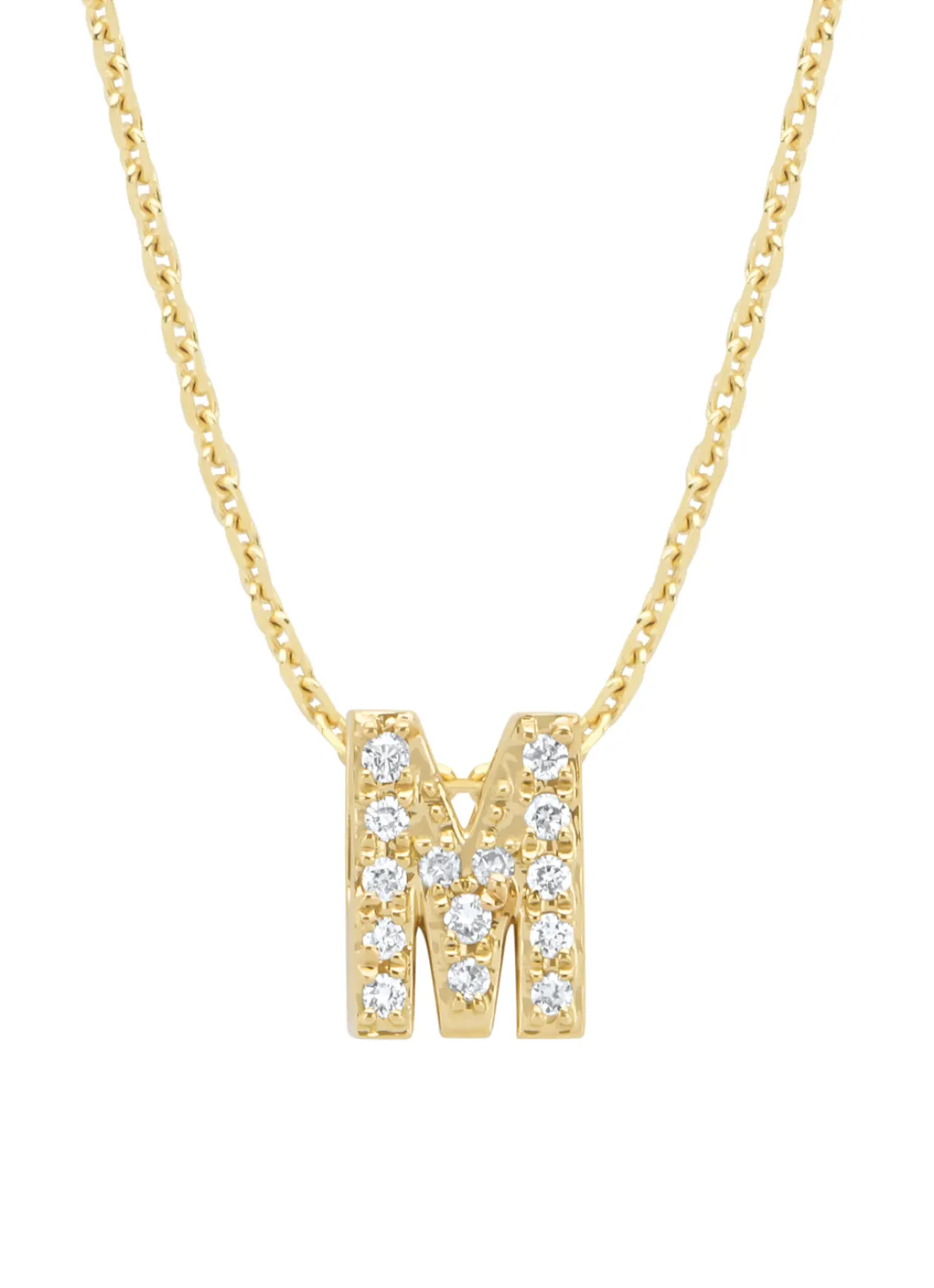 Geelgouden hanger M, 0.06 ct diamant, Alphabet