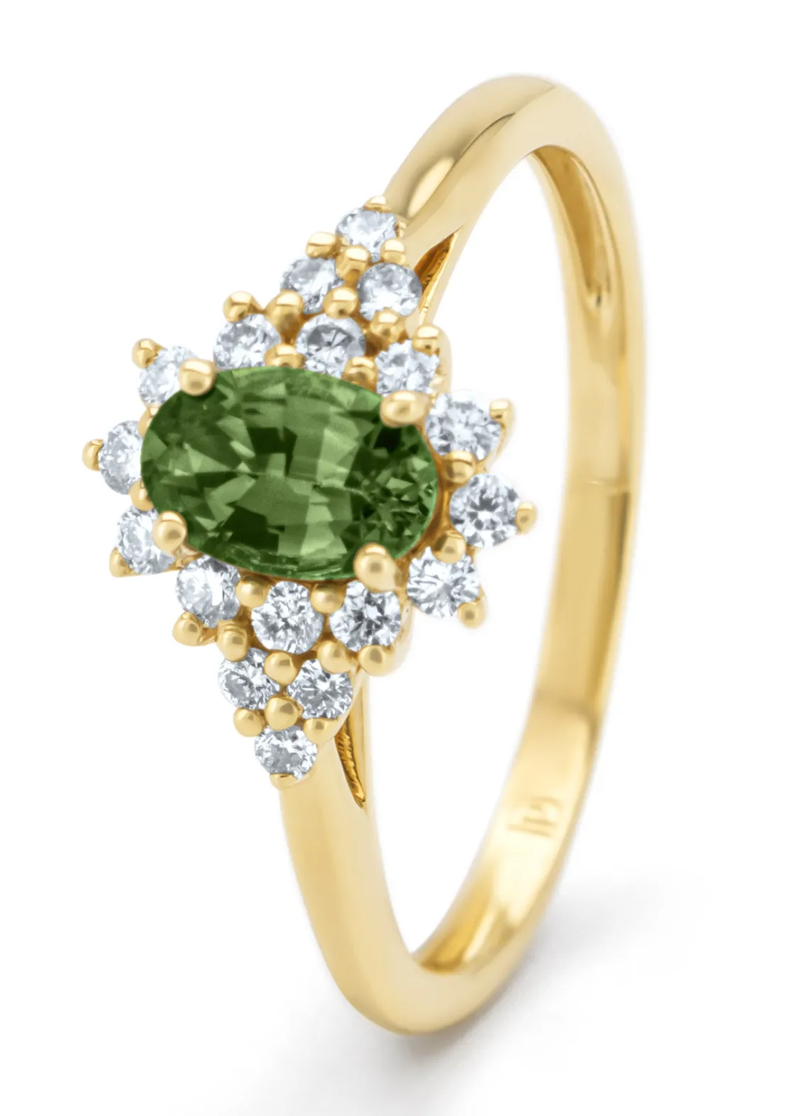 Geelgouden ring, 0.60 ct groene saffier, Eden